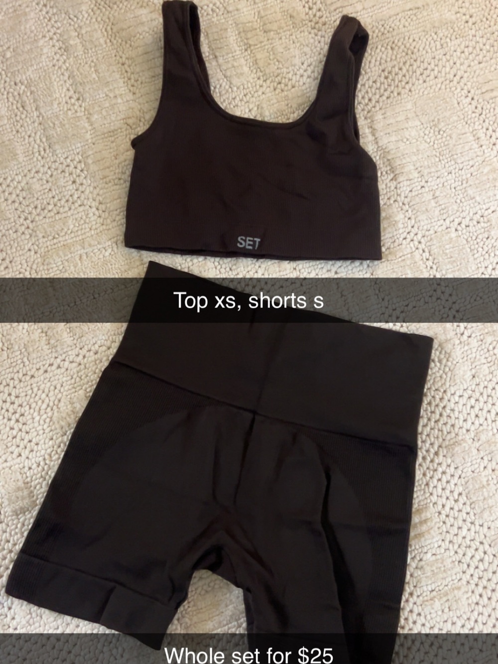 SET Active Brown Ribbed Bike Shorts & Crop Top (shorts are small, bras xs)